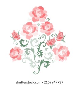 Embroidered bouquet of red roses with fancy green leaves isolated on white background in vector. Nice natural print.