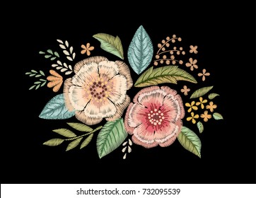 Embroidered bouquet of wildflowers. Floral print.