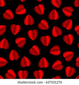 Embroidered bright red hearts. Seamless pattern on black background. Vector illustration. Element for logo, textile print, template, backdrop.