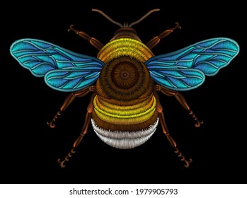 Embroidered bumblebee. Decorative element for embroidery, patches, stickers, badges, print for t-shirts.