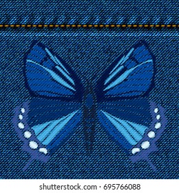 Embroidered Butterfly over jeans background. Isolate on denim texture. vector illustration.
