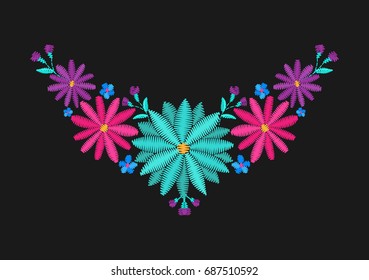 Embroidered camomile neckline design. Needlework floral composition. Daisy flower motives. EPS 10 vector embroidery fashion template.