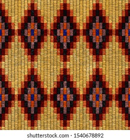 Embroidered carpet seamless pattern. Grunge texture. Hand-drawn print in patchwork style. Geometric bohemian ornament. Vector illustration.