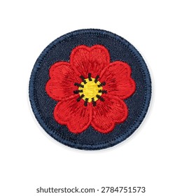 Embroidered circular patch featuring a red flower with yellow center on dark blue background