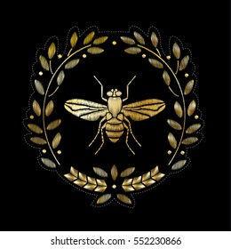 Embroidered coat of arms with a bee, a fly. Insect embroidery. Vector decorative element for embroidery, patches and stickers