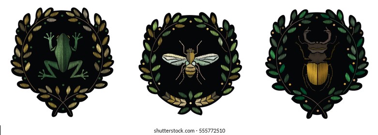 Embroidered coat of arms with a frog, a beetle, a fly. Vector decorative element for embroidery, patches and stickers.