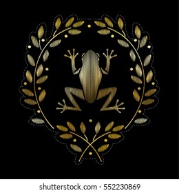 Embroidered coat of arms with a frog. Vector decorative element for embroidery, patches and stickers.