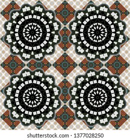 Embroidered colorful seamless pattern. Vector fashion embroidery imitation in gray, black and brown colors for prints or fabric. Stitched ethnic design with flowers, leafs and Mandalas.