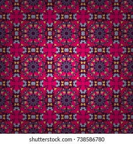 Embroidered colorful seamless pattern. Vector fashion embroidery imitation in magenta, neutral and purple colors for prints or fabric. Stitched ethnic design with flowers, leafs and Mandalas.