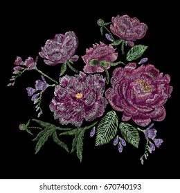 Embroidered composition with peonies, wild and garden flowers, buds and leaves. Satin stitch embroidery, floral design on black background. Folk line trendy pattern for clothes, dress, fabric, decor.