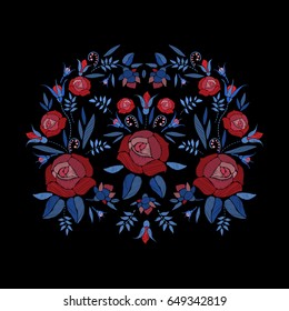 Embroidered composition of roses flowers, buds and leaves. Satin stitch embroidery floral design on black background. Folk line trendy pattern for clothes, dress, decor.