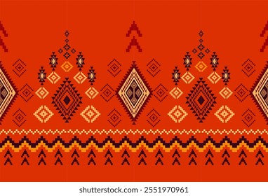 Embroidered cross-stitch ethnic fabric Geometric ornament ethnic pattern design. Use for fabric, textile, interior decoration elements, upholstery, and wrapping.