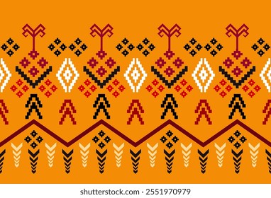Embroidered cross-stitch ethnic fabric Geometric ornament ethnic pattern design. Use for fabric, textile, interior decoration elements, upholstery, and wrapping.