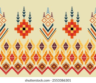 Embroidered cross-stitch ethnic fabric Geometric ornament ethnic pattern design. Use for fabric, textile, interior decoration elements, upholstery, and wrapping.