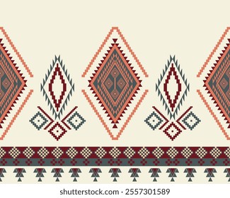 Embroidered cross-stitch ethnic fabric Geometric ornament ethnic pattern design. Use for fabric, textile, interior decoration elements, upholstery, and wrapping.
