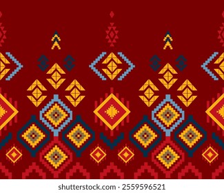 Embroidered cross-stitch ethnic fabric Geometric ornament ethnic pattern design. Use for fabric, textile, interior decoration elements, upholstery, and wrapping. Traditional geometric ethnic fabric