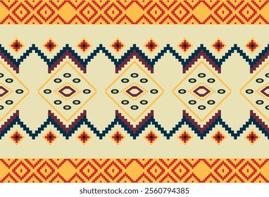 Embroidered cross-stitch ethnic fabric Geometric ornament ethnic pattern design. Use for fabric, textile, interior decoration elements, upholstery, and wrapping. Traditional geometric ethnic fabric