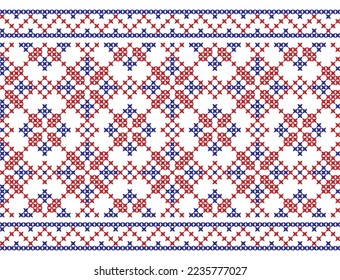 Embroidered cross-stitch floral geometric seamless border pattern. Vector illustration