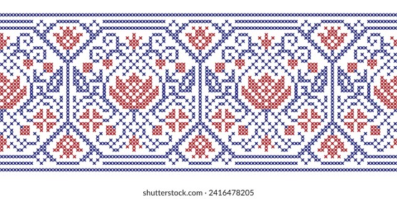 Embroidered cross-stitch floral geometric seamless border pattern. Vector illustration