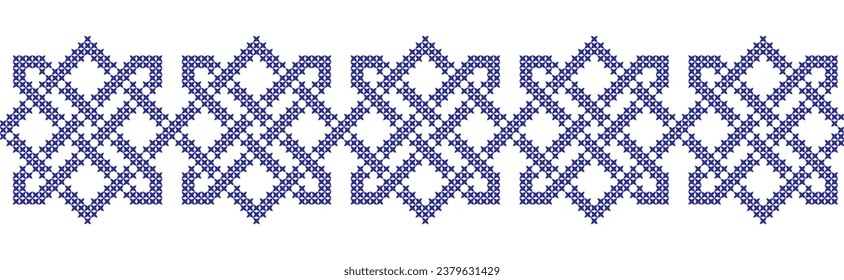 Embroidered cross-stitch geometric weaving seamless border pattern. Vector illustration