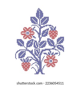 Embroidered cross-stitch pattern with strawberry plant