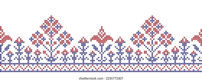 Embroidered cross-stitch seamless border pattern with flowers