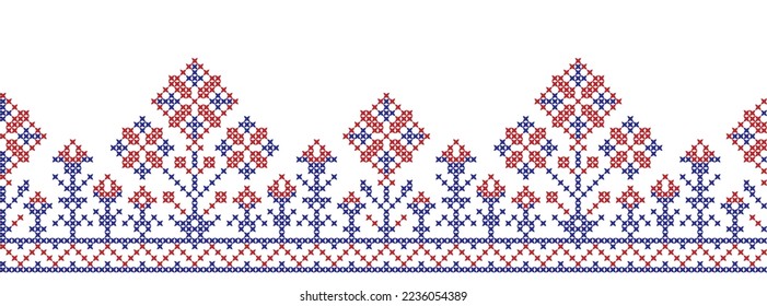 Embroidered cross-stitch seamless border pattern with flowers. Vector illustration