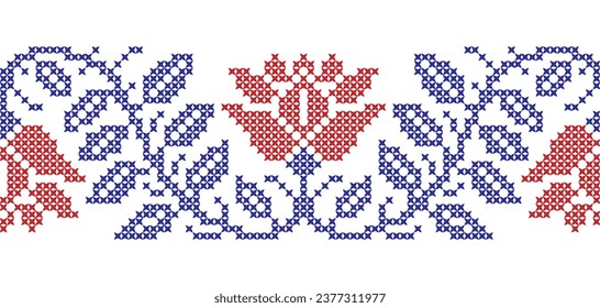 Embroidered cross-stitch seamless border pattern with flowers. Vector illustration