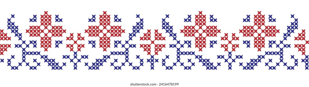 Embroidered cross-stitch seamless border pattern with flowers. Vector illustration