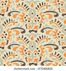 Embroidered damask seamless pattern. Print for home textiles, pillows, carpets. Bohemian vintage ornament. Vector illustration.