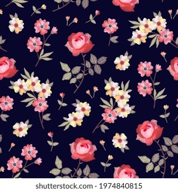 Embroidered decorative floral design. Beautiful seamless pattern with rose and wild flowers.