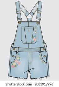 EMBROIDERED DENIM SHORTS DUNGAREE FOR KID GIRLS AND TEEN GIRLS IN EDITABLE VECTOR FILE