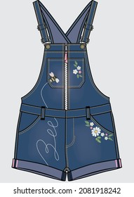 EMBROIDERED DENIM SHORTS DUNGAREE FOR KID GIRLS AND TEEN GIRLS IN EDITABLE VECTOR FILE