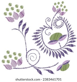 Embroidered design elements with flowers in vintage style on a white background. Stock vector illustration.

