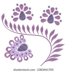 Elementos de diseño bordados con flores de estilo vintage sobre un fondo blanco. Ilustración vectorial de material.
