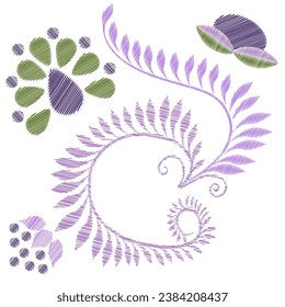 Embroidered design elements with flowers in vintage style on a white background. Stock vector illustration.
