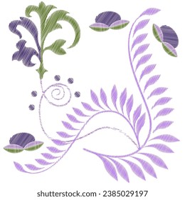 Embroidered design elements with flowers in vintage style on a white background. Stock vector illustration.
