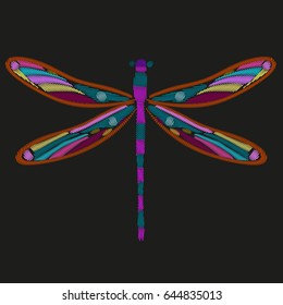 Embroidered dragonfly. Embroidery in vintage style on black background.  Satin stitch imitation. Design element.Vector illustration
