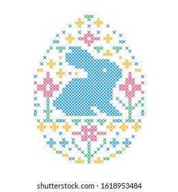 Embroidered Easter egg with rabbit and flowers oh white background