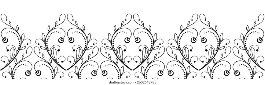 Embroidered edge of fabric. Black floral ornamental seamless border. Elegant lacy design of swirls and curved lines. Monochrome filigree plant graphic ornament