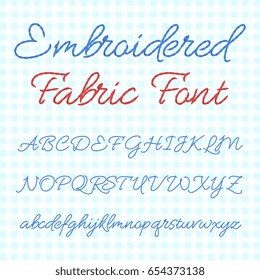 Embroidered Fabric Font With Calligraphic Letters. Vector Thread Alphabet. Stitch Abc Embroidery, Illustration Of Type Abc Sewing