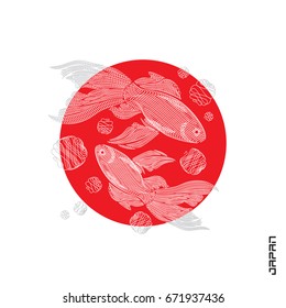 Embroidered fish on red circle and inscription "Japan". Stylized Japanese flag with embroidery