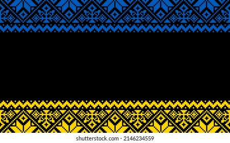 Embroidered flag of Ukraine in national colors. Black background with geometric frame patterns. Ornaments of national clothes of Ukraine. Support for Ukraine