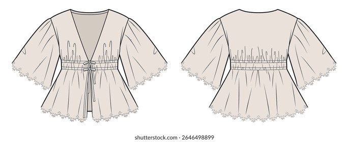 Embroidered Flare Sleeve Blouse Technical Fashion Illustration. Boho Top fashion flat technical drawing template, bow tie front, v neck, relaxed fit, front and back view, beige, women CAD mockup.