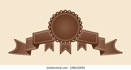 Embroidered flat style brown ribbon isolated on ivory background. Brown fabric vintage tape. Template for banner, award, sale, icon, logo, label, poster etc. Vector illustration