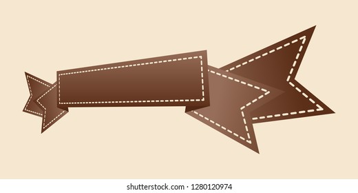 Embroidered flat style brown ribbon isolated on ivory background. Brown fabric vintage tape. Template for banner, award, sale, icon, logo, label, poster etc. Vector illustration