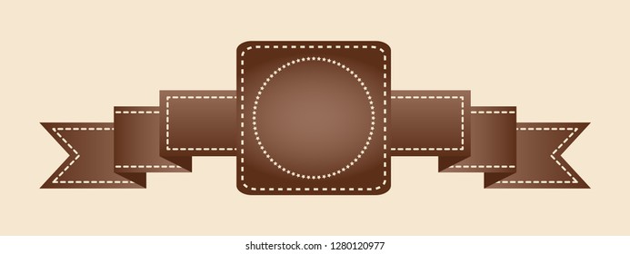 Embroidered flat style brown ribbon isolated on ivory background. Brown fabric vintage tape. Template for banner, award, sale, icon, logo, label, poster etc. Vector illustration