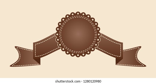 Embroidered flat style brown ribbon isolated on ivory background. Brown fabric vintage tape. Template for banner, award, sale, icon, logo, label, poster etc. Vector illustration