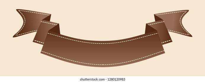 Embroidered flat style brown ribbon isolated on ivory background. Brown fabric vintage tape. Template for banner, award, sale, icon, logo, label, poster etc. Vector illustration