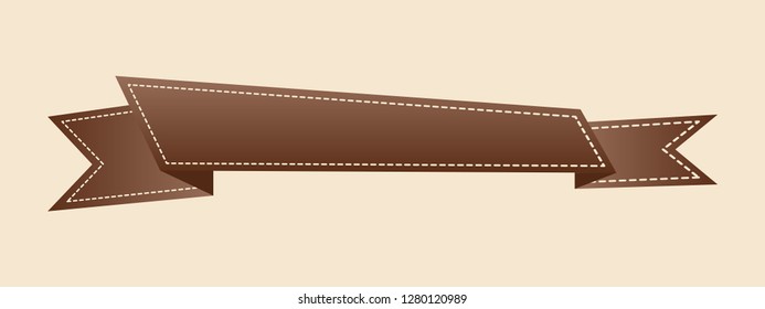 Embroidered flat style brown ribbon isolated on ivory background. Brown fabric vintage tape. Template for banner, award, sale, icon, logo, label, poster etc. Vector illustration